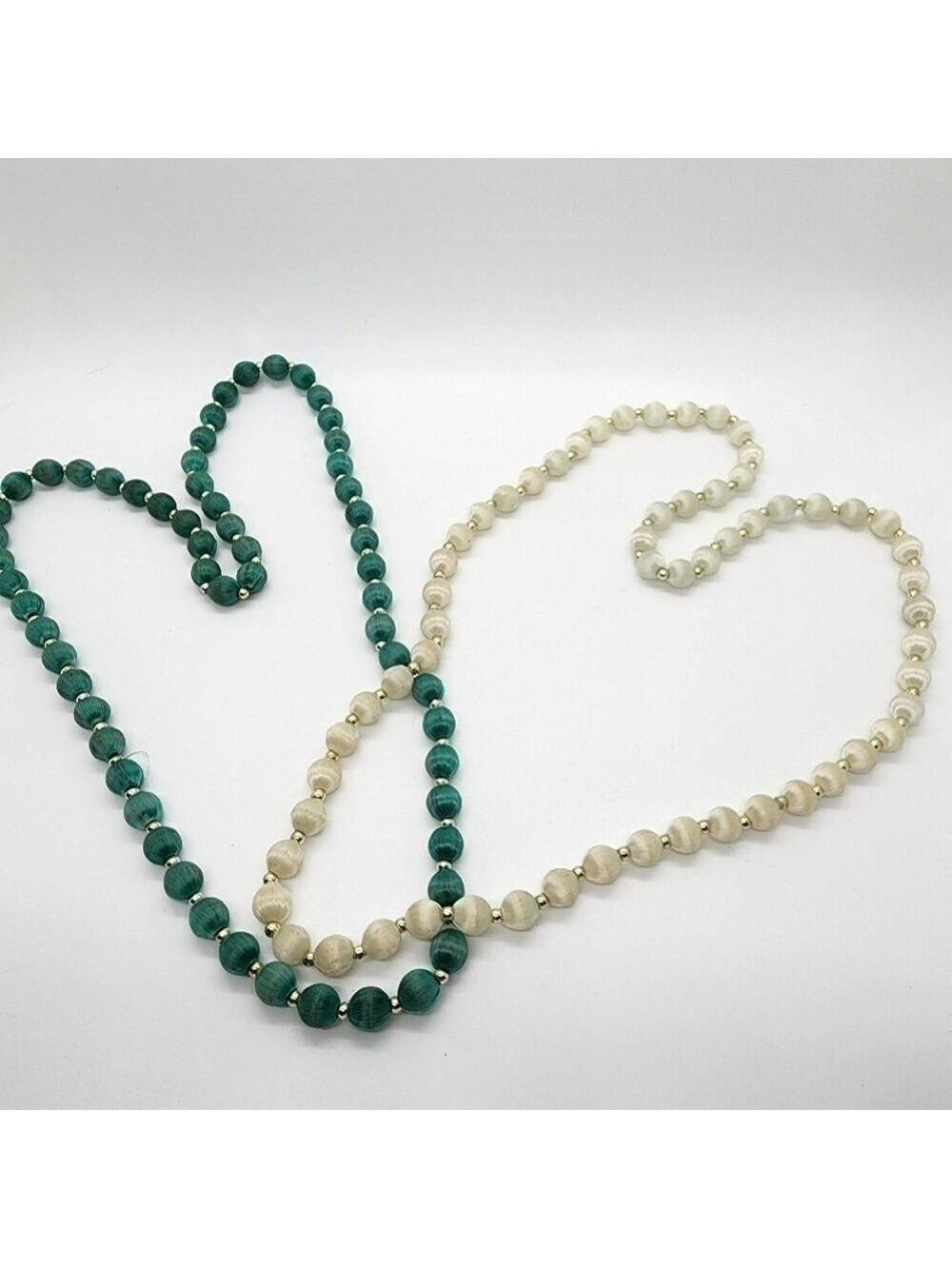 Vintage lot of 2 silk wrapped bead necklaces cream & Turquoise over the head